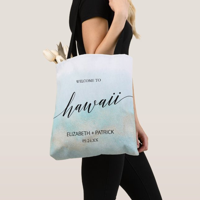 Aqua and Gold Beach Hawaii Wedding Welcome Tote Bag (Close Up)