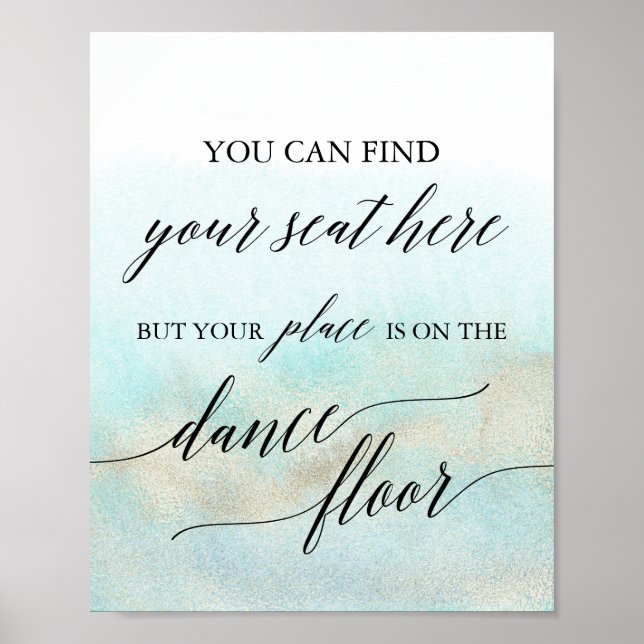 Aqua and Gold Beach Place Card Dance Floor Sign (Front)