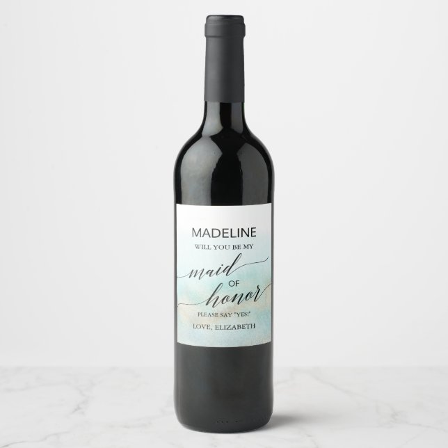 Aqua and Gold Beach Will You Be My Maid of Honour Wine Label (Front)