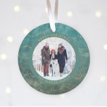 Aqua and Gold Fairy Lights | Two Family Photos Ornament<br><div class="desc">This modern Christmas ornament features a rich,  aqua background with elegant faux gold fairy lights,  and two of your favourite personal photos. Add your family name in gold coloured text.</div>