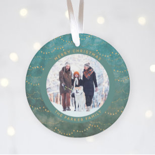 Aqua and Gold Fairy Lights   Two Family Photos Ornament