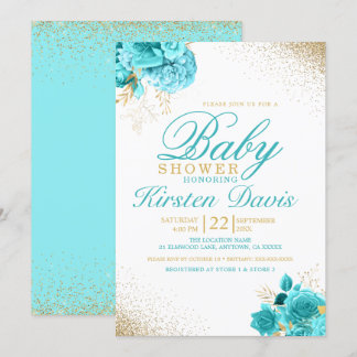 Aqua and Gold Glitter Floral Boy Baby Shower Invitation