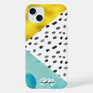 Aqua and Gold Mixed Media Monogrammed iPhone 15 Plus Case