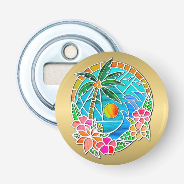 Aqua and Gold Ocean Palm Tree Summer Landscape Bottle Opener (Front)