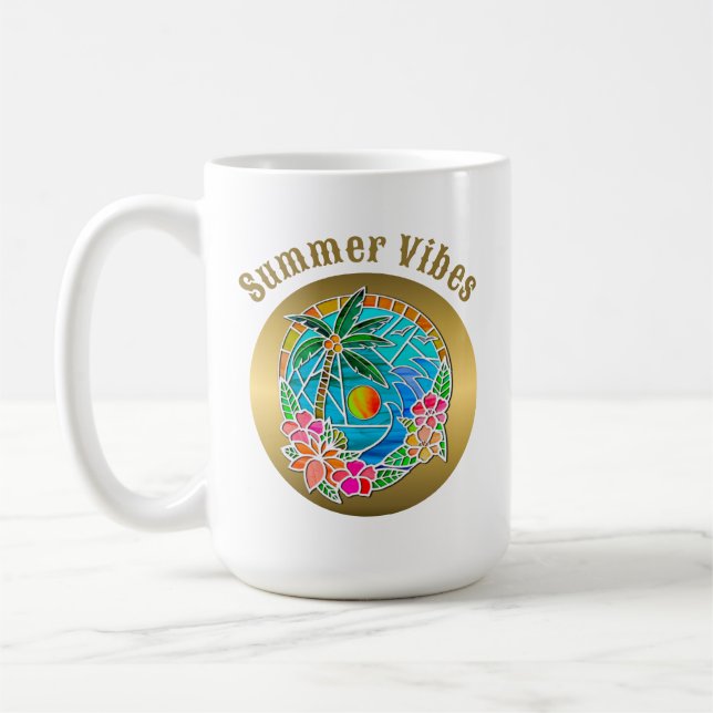 Aqua and Gold Ocean Palm Tree Summer Landscape Coffee Mug (Left)