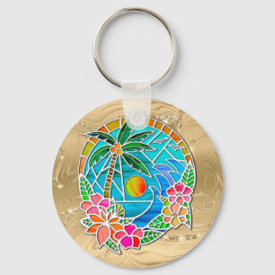 Aqua and Gold Ocean Palm Tree Summer Landscape Keychain