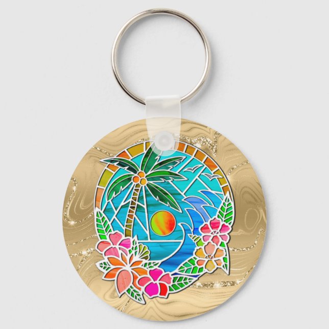 Aqua and Gold Ocean Palm Tree Summer Landscape Keychain (Front)