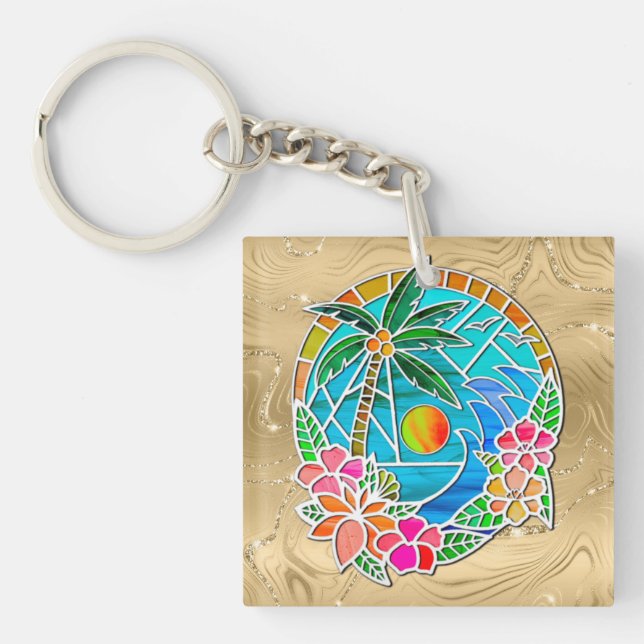 Aqua and Gold Ocean Palm Tree Summer Landscape Keychain (Front)