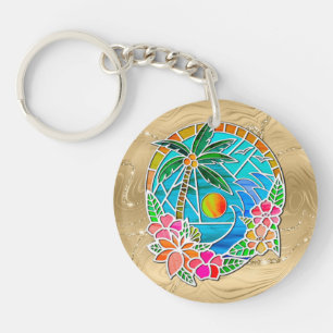 Aqua and Gold Ocean Palm Tree Summer Landscape Keychain