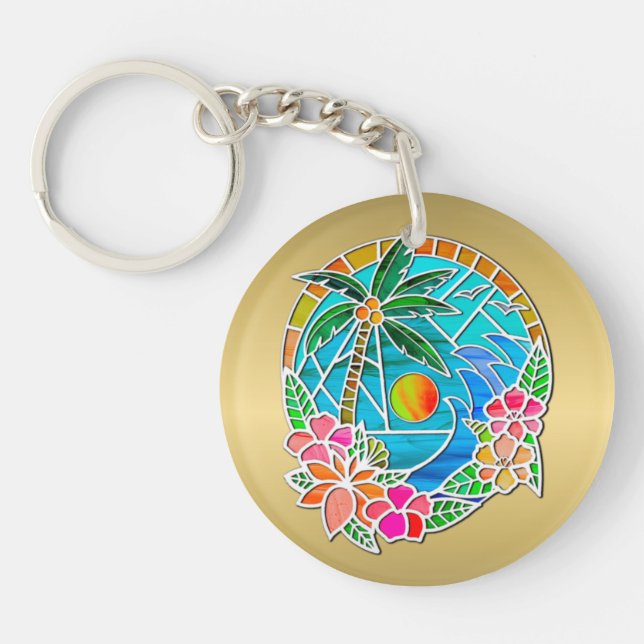 Aqua and Gold Ocean Palm Tree Summer Landscape Keychain (Front)