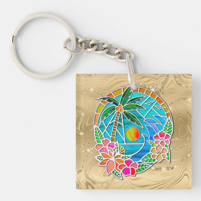 Aqua and Gold Ocean Palm Tree Summer Landscape Keychain (Front)
