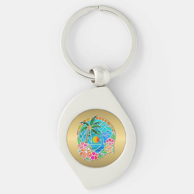 Aqua and Gold Ocean Palm Tree Summer Landscape Keychain (Front)