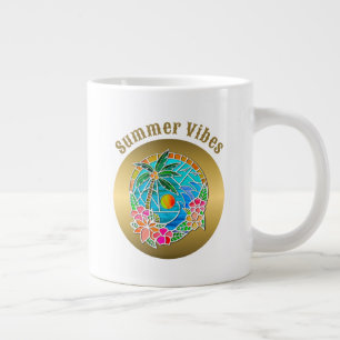 Aqua and Gold Ocean Palm Tree Summer Landscape Large Coffee Mug