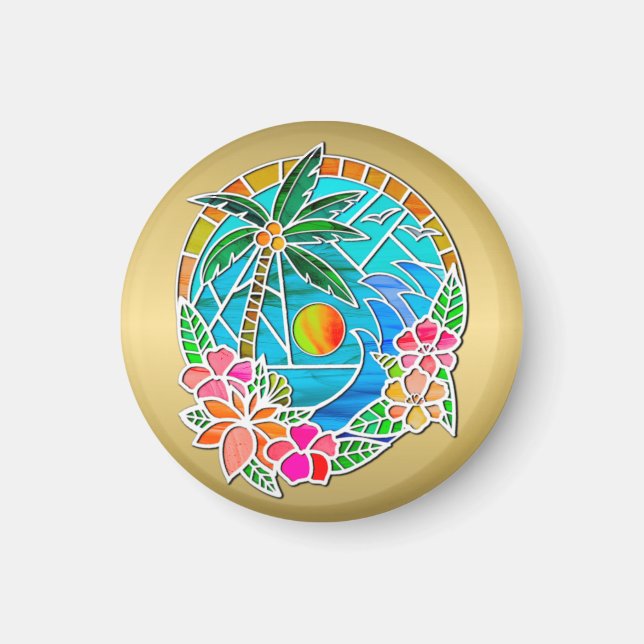 Aqua and Gold Ocean Palm Tree Summer Landscape Magnet (Front)