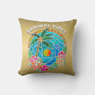 Aqua and Gold Ocean Palm Tree Summer Landscape Throw Pillow