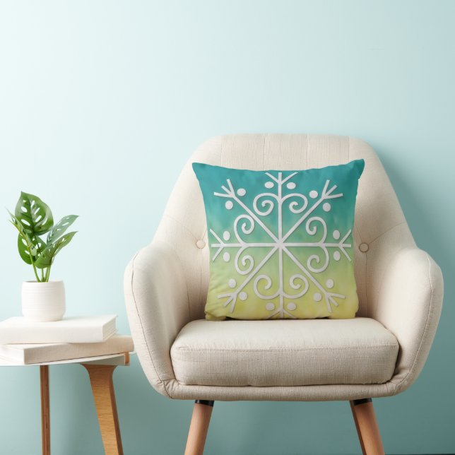 Aqua and Gold Ombre Snowflake Art Pillow (Chair)