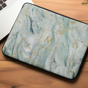 Aqua and Gold Printed Marble Texture Monogrammed Laptop Sleeve