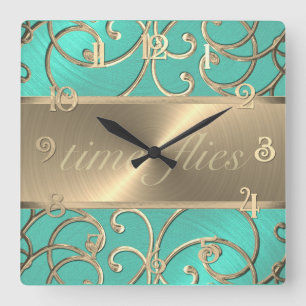 Aqua and Gold Time Flies Clock