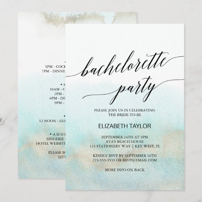 Aqua and Gold Watercolor Beach Bachelorette Party Invitation (Front/Back)