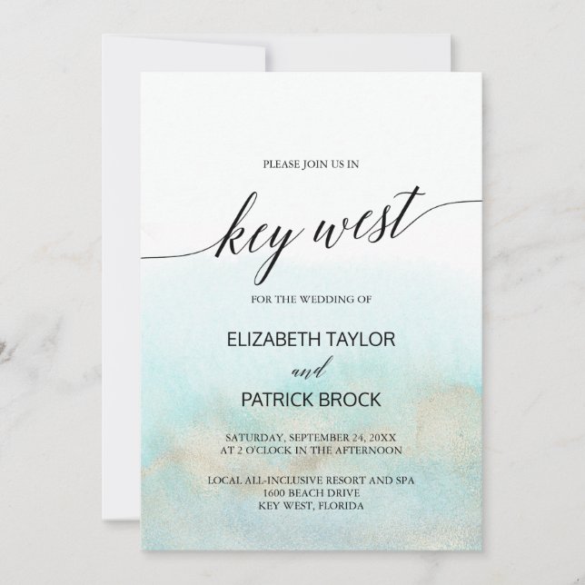 Aqua and Gold Watercolor Beach Key West Wedding Invitation (Front)