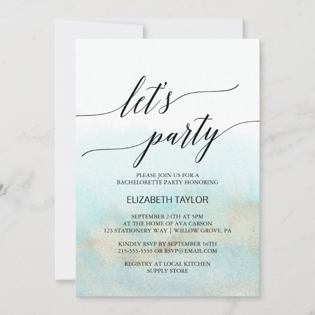 Aqua and Gold Watercolor Beach Let's Party Invitation (Front)