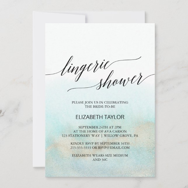 Aqua and Gold Watercolor Beach Lingerie Shower Invitation (Front)