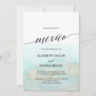 Aqua and Gold Watercolor Beach Mexico Wedding Invitation
