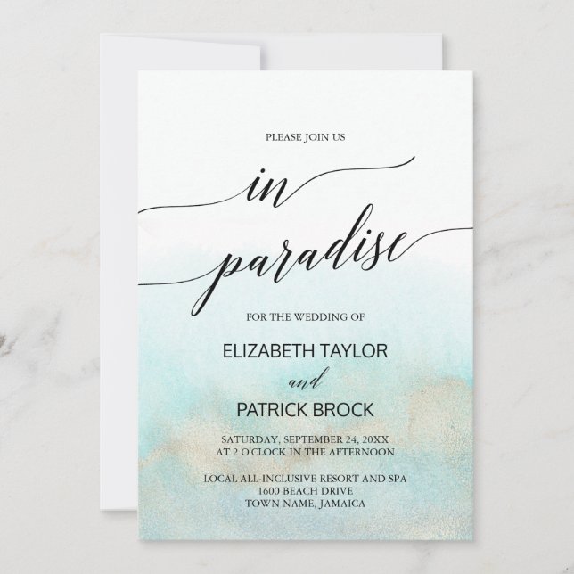 Aqua and Gold Watercolor Beach Paradise Wedding Invitation (Front)