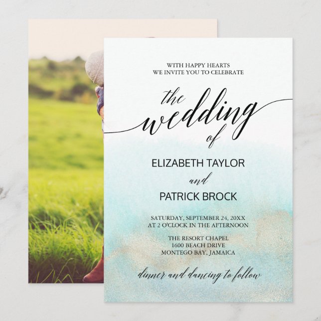 Aqua and Gold Watercolor Beach Photo Wedding Invitation (Front/Back)