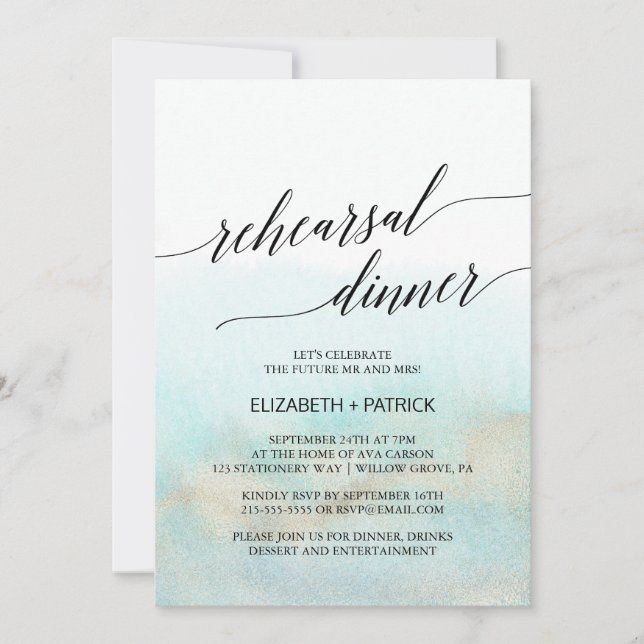 Aqua and Gold Watercolor Beach Rehearsal Dinner Invitation (Front)