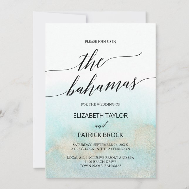 Aqua and Gold Watercolor Beach The Bahamas Wedding Invitation (Front)