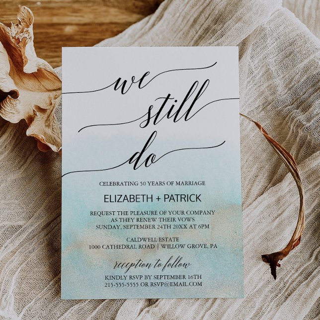 Aqua and Gold Watercolor Beach Vow Renewal Invitation (Creator Uploaded)