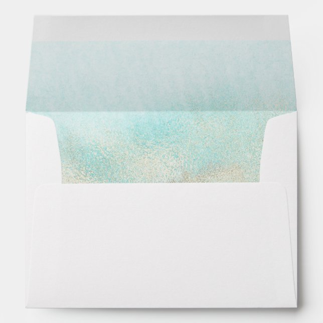 Aqua and Gold Watercolor Beach Wedding Invitation Envelope (Back (Bottom))
