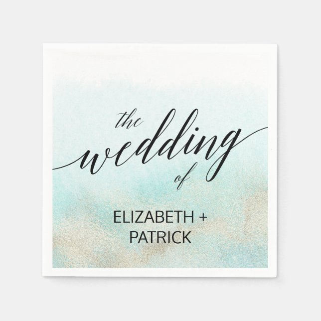 Aqua and Gold Watercolor Beach Wedding Napkin (Front)