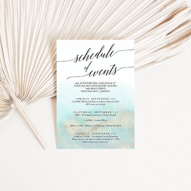 Aqua and Gold Wedding Weekend Schedule of Events Enclosure Card (Creator Uploaded)