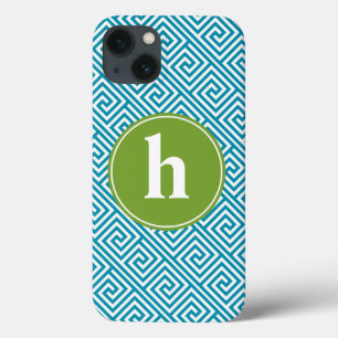 Aqua and Green Greek Key Pattern Monogram iPhone 13 Case