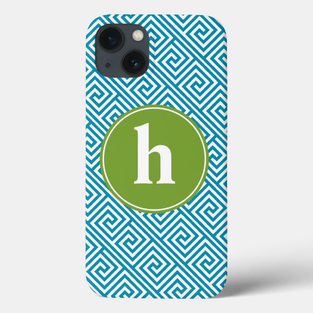 Aqua and Green Greek Key Pattern Monogram Case-Mate iPhone Case (Back)