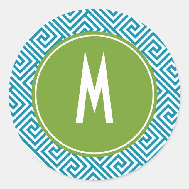 Aqua and Green Greek Key Pattern Monogram Classic Round Sticker (Front)