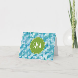 Aqua and Green Greek Key Pattern Monogram Note Card
