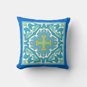 Aqua and Green Spanish Tile wth Orange Accent Throw Pillow
