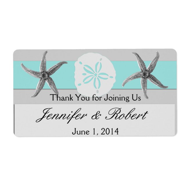 Aqua and Grey Band Wedding Water Bottle Label (Front)