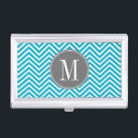 Aqua and Grey Chevron Pattern Custom Monogram Business Card Holder<br><div class="desc">Bold,  geometric patterns with monograms. This trendy design includes popular colours. If you need to adjust the artwork,  click on the customize button and make changes.</div>