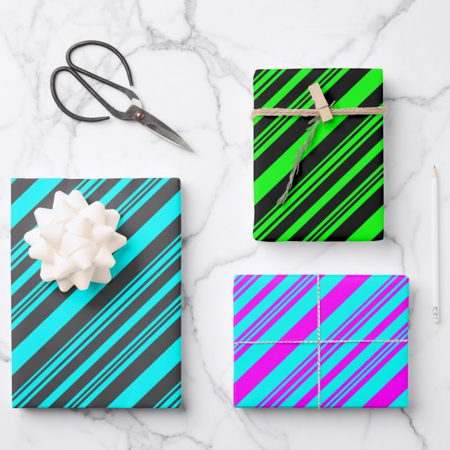 Aqua and Grey, Green and Black, Hot Pink and Blue Wrapping Paper Sheet (Front)