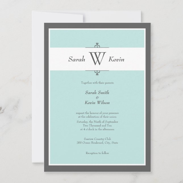 Aqua and Grey Monogram Wedding Invitations (Front)
