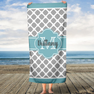 Aqua and Grey Quatrefoil Monogrammed Bath Towel