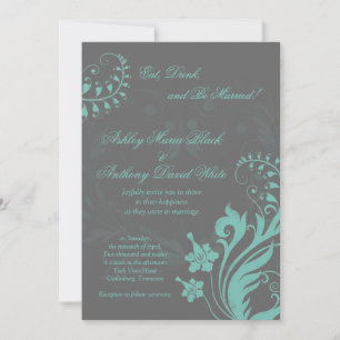 Aqua and Grey Vintage Floral Wedding Invitation