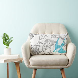 Aqua and Grey Vintage Modern Floral Bird Pattern Lumbar Pillow