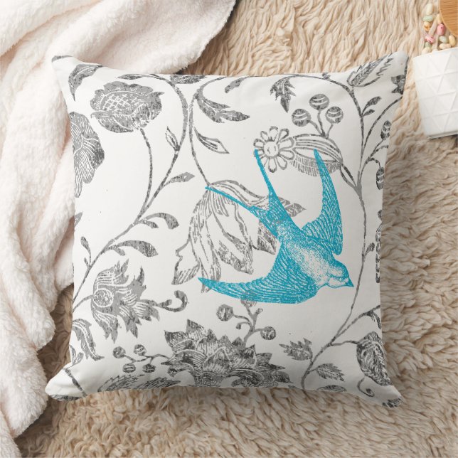 Aqua and Grey Vintage Modern Floral Bird Pattern Throw Pillow (Blanket)