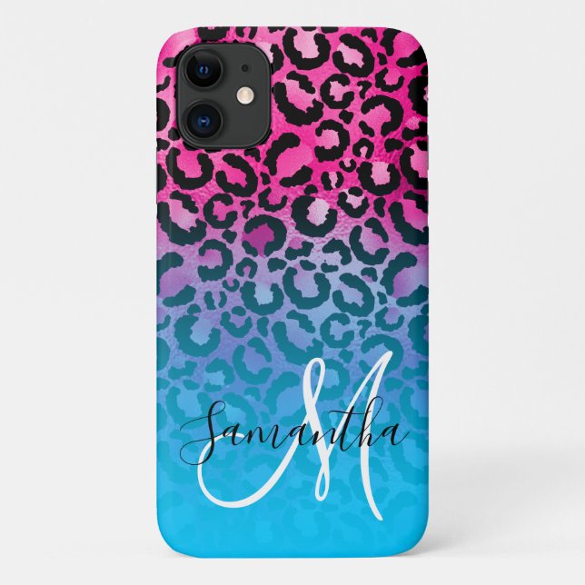 Aqua and Hot Pink Leopard Ombre Monogram Case-Mate iPhone Case (Back)