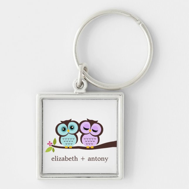 Aqua and Lavender Owls Keychain (Front)